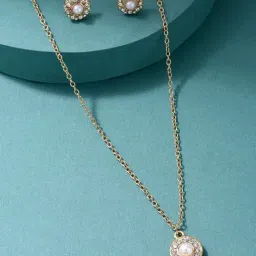 ToniQ Gold-Plated White Halo Stylish Pendant & Earring Set with Matching Chain for Women-picture-14