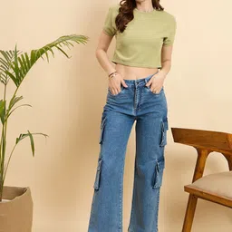 Mast & Harbour Solid Self Design Round Neck Cuffed Sleeves Regular Crop Top image 4