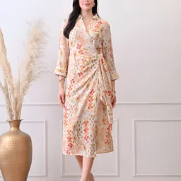 Ikonic klaer Women Geometric Printed Shirt Collar Wrap Midi Dress-image-17