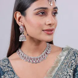 VATSALYA creation Alloy Silver Pink Jewellery Set image 2