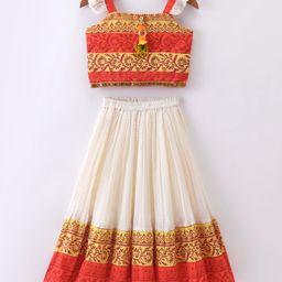 Twisha Sleeveless Floral Printed & Mirror Work Embroidered Top With Ghagra - Orange & Off White-picture-6