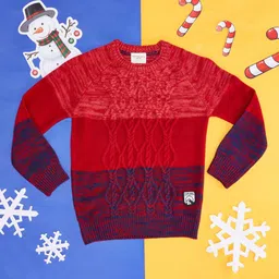 Pantaloons Junior Full Sleeves Cable Designed Colour Blocked Pullover - Red-picture-17