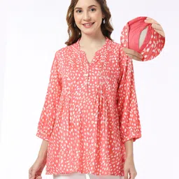 Bella Mama 100% Viscose Woven Three Fourth Sleeves Pintucks Maternity Top with Pocket Abstract Print - Peach-picture-23