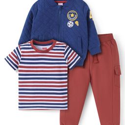 Babyhug Terry Knit Full Sleeves Front Open Sweatshirt & Lounge Pant Set with Striped T-Shirt Ball Patch - Red & Navy-image-87