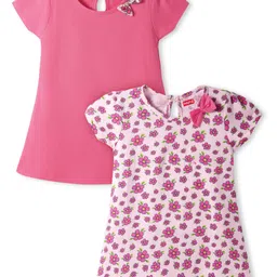 Babyhug Single Jersey Knit Half Sleeves Frocks With Floral Print & Bow Applique Pack of 2 - Dark Pink & Light Pink-picture-28