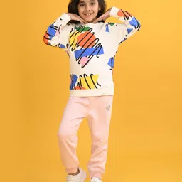 Anthrilo Fleece Long Sleeves Shapes Printed Sweatshirt With Comfort Fit Jogger - White & Pink-picture-25