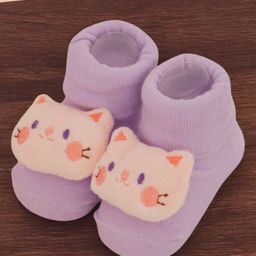 Yellow Bee Cotton Cat 3D Applique Detailed Socks - Purple-picture-1