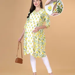 Bella Mama Woven Three Fourth Sleeves Maternity Kurta with Floral Print - Yellow-image-43