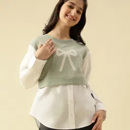 Lil Tomatoes Cotton Looper Knit Full Sleeves Bow Printed Light Winter Shirt Style Top - Oil Green-picture-11