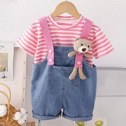 POP STREET KIDS Cotton Knit Teddy Bear Applique Detailed Dungaree With Half Sleeves Striped Tee - Pink-image-2