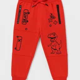 Sportking Cotton Blend Knit Cute Baby Dinosaur Printed Joggers - Red-picture-11