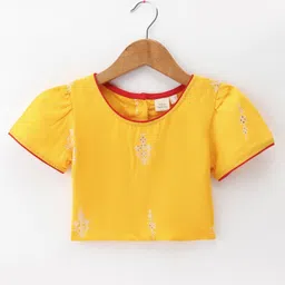 Saka Designs Cotton Rayon Woven Half Sleeves Embroidered Choli Lehenga Set with Dupatta -  Yellow & Red image 2