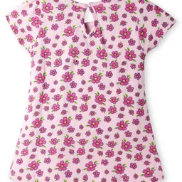 Babyhug Single Jersey Knit Half Sleeves Frocks With Floral Print & Bow Applique Pack of 2 - Dark Pink & Light Pink image 3