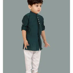 little desi Cotton Silk Full Sleeves Solid Kurta Pyjama Set - Bottle Green image 4