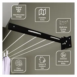 JD FRESH Metal Foldable Wall Mount Cloth Drying Stand with 30 Feet Rope - Black image 3