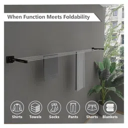 JD FRESH Metal Foldable Wall Mount Cloth Drying Stand with 30 Feet Rope - Black image 4