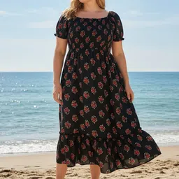 Sztori Floral Print Square Neck Puff Sleeve Crepe Maxi Midi Dress-image-8