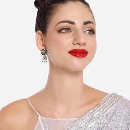 Zaveri Pearls Black & White Flower Enamel Ethnic Style Jhumki Earring-ZPFK16471 image 4