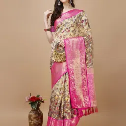 JUST FASHION Beige & Pink Silk Printed Saree With Unstitched Blouse image 4