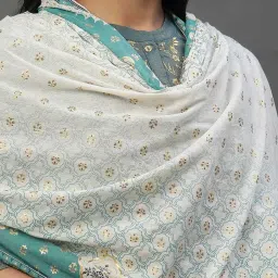 Aurelia Off-White & Green Cotton Printed Dupatta image 4