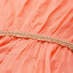 SheWill Women Coral-Pink Pleated Thread Work Striped Silk Chiffon Kaftan Kurta & Trousers image 3