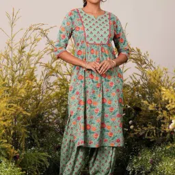 Libas Green Cotton Printed Kurta Salwar Set-image-1