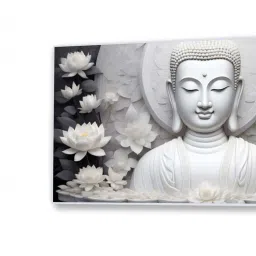 Nestroots White & Grey Buddha Surrounded By White Flowers Wall Painting - Black Floating Frame image 4