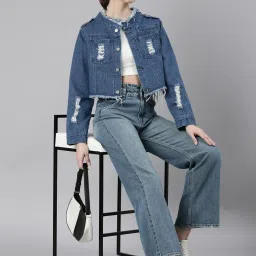 showoffff SHOWOFF Blue Regular Fit Crop Denim Jacket image 4