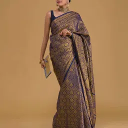 SHUBHKALA Blue Silk Woven Saree With Unstitched Blouse image 4