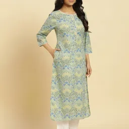 W Green Cotton Floral Print Straight Kurta image 4