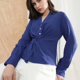 Globus Women Blue Spread Collar Cuffed Sleeve Twisted Detail Formal Shirt-picture-30