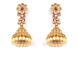 Priyaasi Red Kundan Beads Gold-Plated Floral Jhumki Earrings image 4