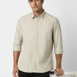 Peter England Beige Slim Fit Striped Shirt-picture-13