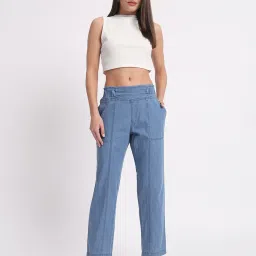 Angelfab Sky Blue Denim Straight Fit High Rise Trousers image 4