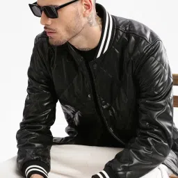 showoffff Showoff Black Slim Fit Quilted Bomber Jacket image 4