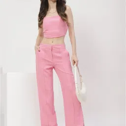 MADAME Pink Cotton Regular Fit Mid Rise Trousers image 4