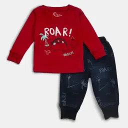 GJ baby Kids Red & Navy Cotton Printed Full Sleeves T-Shirt Set-image-5