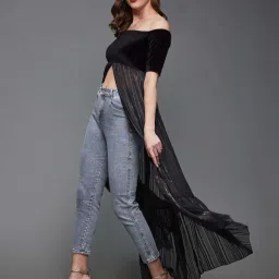 Miss Chase Black Striped Off Shoulder Half Sleeves Georgette Bardot Maxi Length Top image 4