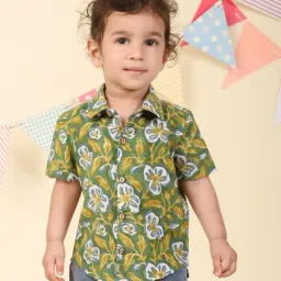 Fabindia Infant Boys Green Cotton Floral Shirt-picture-25