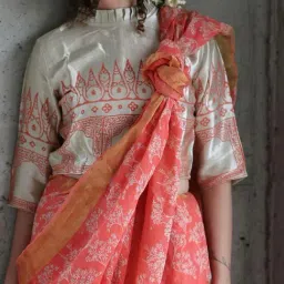 Chidiyaa Ivory & Coral Printed Frill Neck Blouse-picture-10