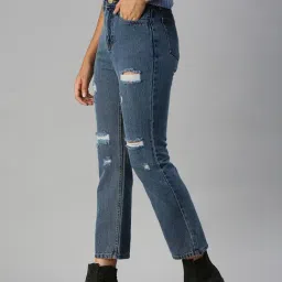 showoffff SHOWOFF Highly Distressed Blue Straight Fit Denim Jeans image 3
