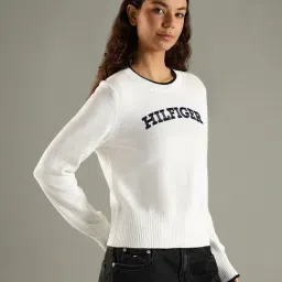 Tommy Hilfiger White Cotton Regular Fit Logo Printed Sweater image 3