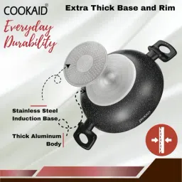 Cookaid ?Black Aluminium Neo Glide Series Non Stick PTFE Kadhai with Glass Lid (24 cm) image 2