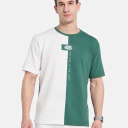 Octave Green & White Cotton Regular Fit Colour Block T-Shirt-picture-3