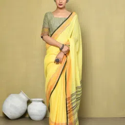 Elora Yellow Linen Striped Saree With Blouse-image-8