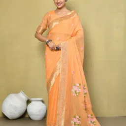 Elora Orange Cotton Embroidered Saree With Blouse-image-14