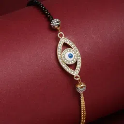 Panash Gold Plated White CZ Studded & Beaded Evil Eye Charm Solitaire Hand Mangalsutra-image-48