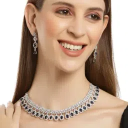 Karatcart Silver Tone Blue American Diamond Studded Necklace Set For Women-picture-14