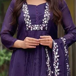 GoSriKi Embroidered Thread Work A-Line Kurta With Palazzos & Dupatta image 2