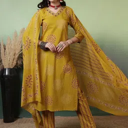 Sangria Women Mustard Pure Cotton Hand Work Yoke Printed Kurta with Trouser & Dupatta-image-79